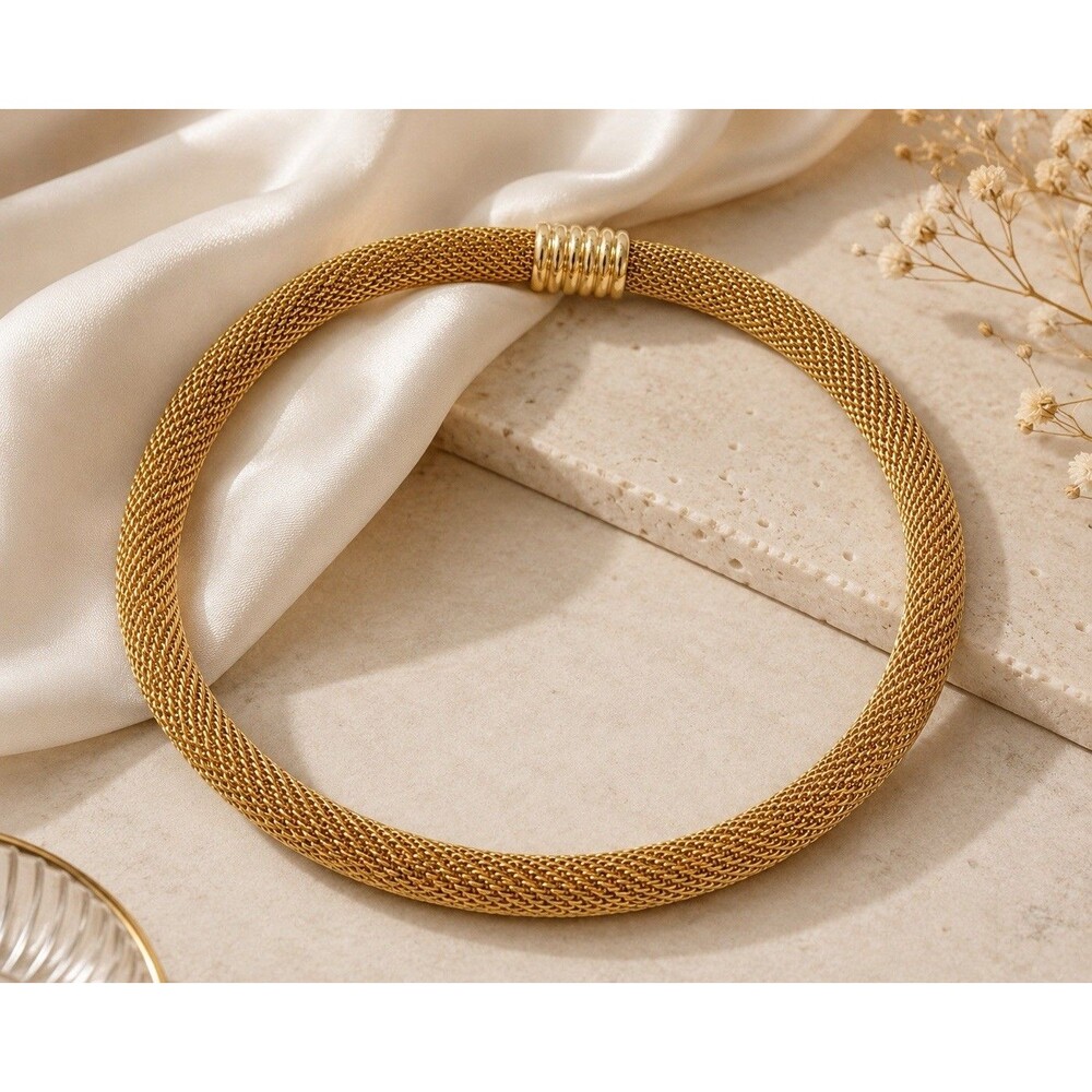 Vintage Gold Tone Mesh Necklace Snake Tube Collar Choker Flexible Statement 1980